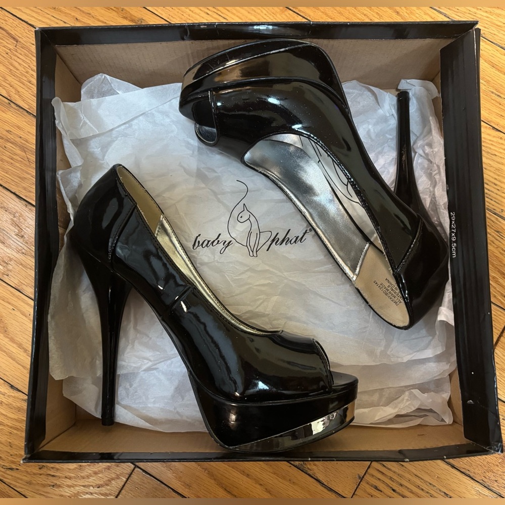 Baby Phat Glossy Glittery Black Peep Toe Heels with Silver Accent